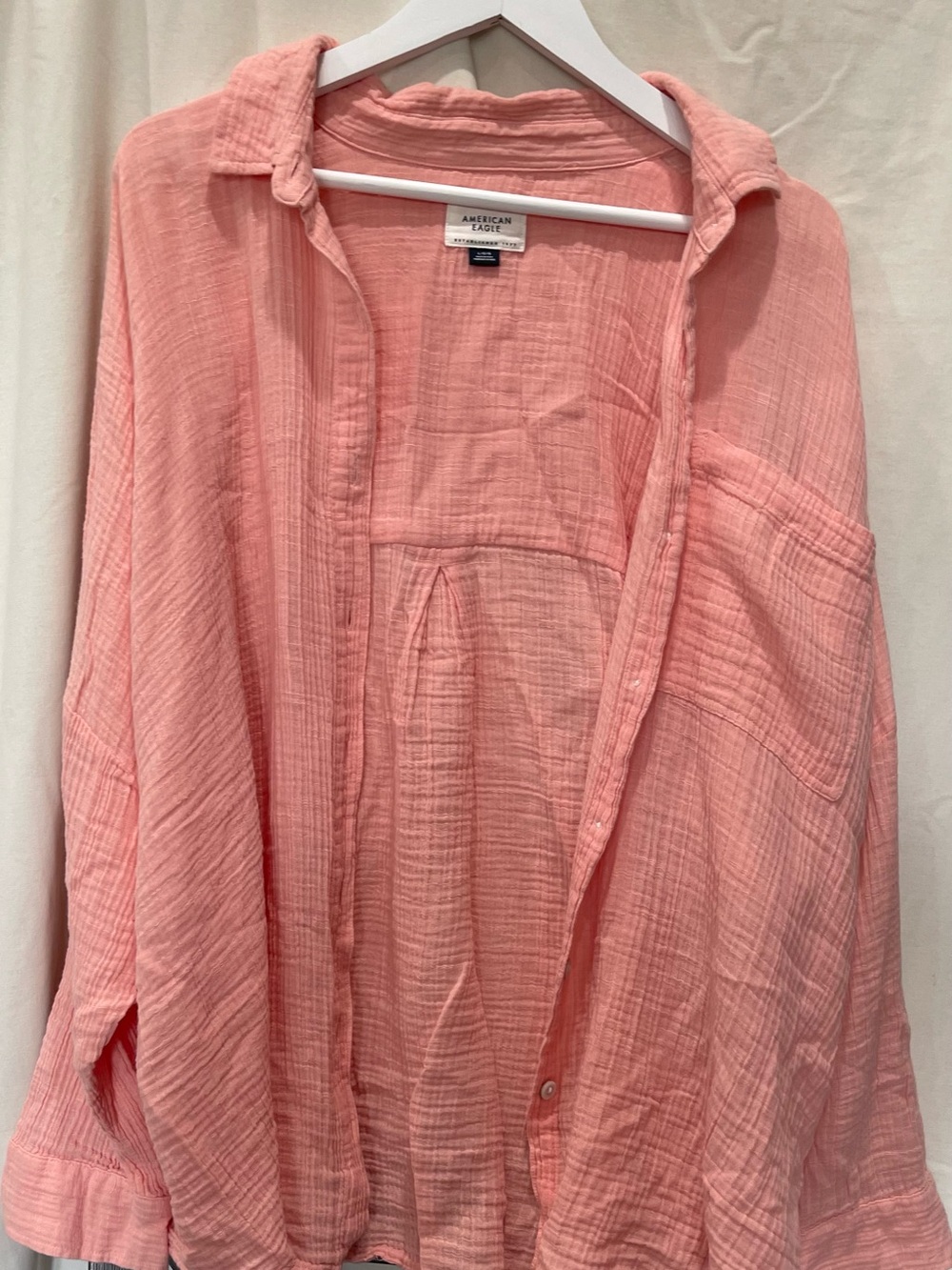 American Eagle Outfitters Coral-Pink Gauze Button-Down Shirt